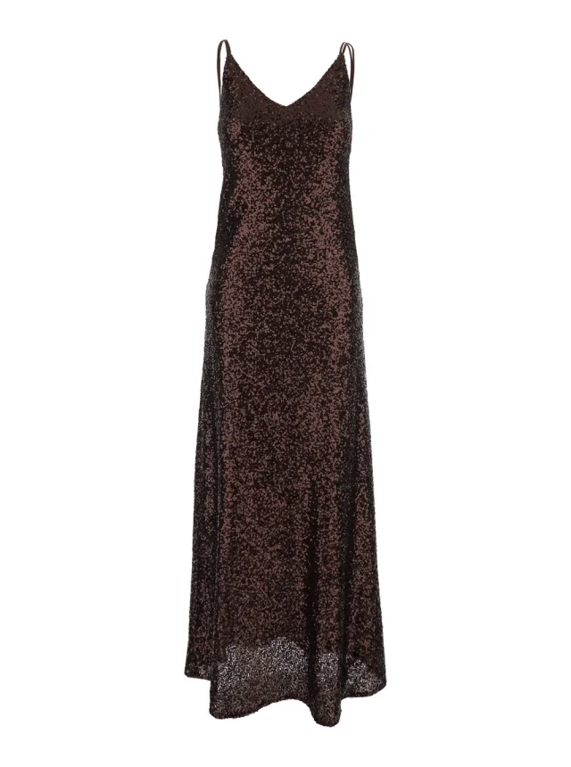 Long Dress "PLAIN" with Straps and All-Over Applied Sequins in Brown Fabric for Women in Brown, image 1 of 1 from Gaudenzi Boutique