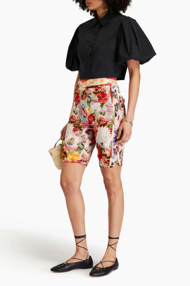 Zimmermann Floral-Print Silk and Linen-Blend Satin Shorts in Red, photo 2 of 4 from THE OUTNET