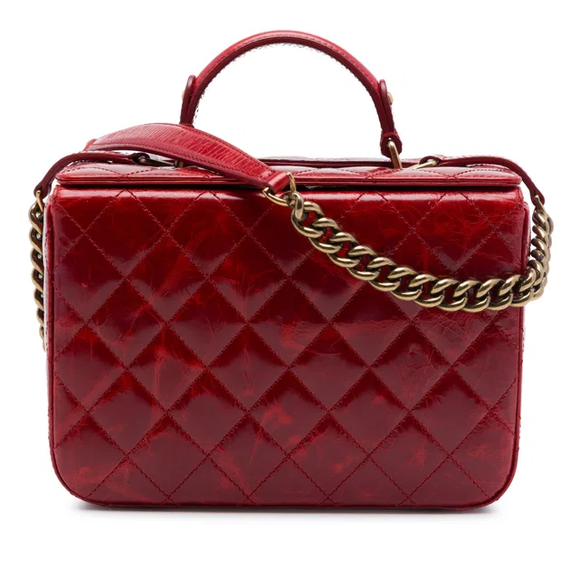 Red Chanel CC Quilted Glazed Calfskin Rita Vanity Case Satchel in Red Calfskin from Designer Revival