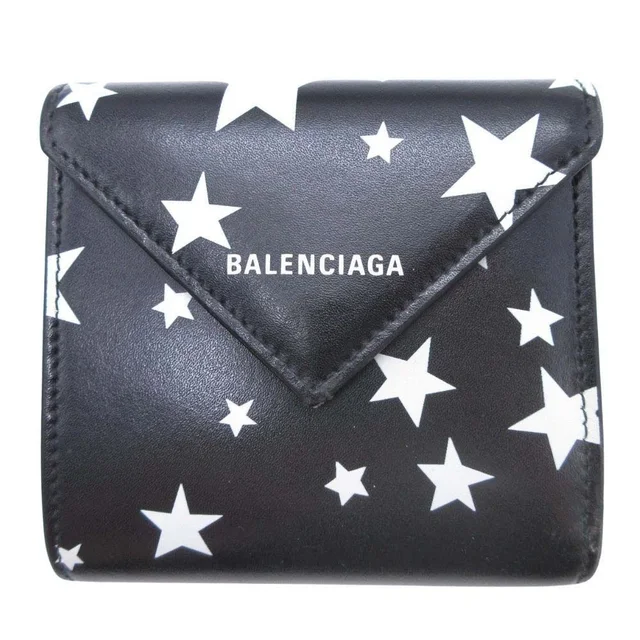 Balenciaga Star Pattern Trifold Wallet Paper Compact Black in Black Leather from The Reluxe
