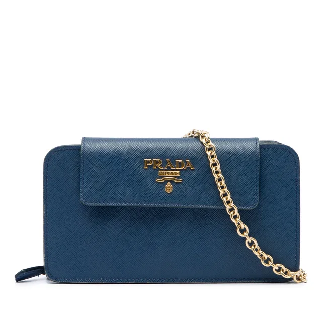 Blue Prada Saffiano Phone Wallet on Chain Crossbody Bag in Blue Saffiano leather from Designer Revival
