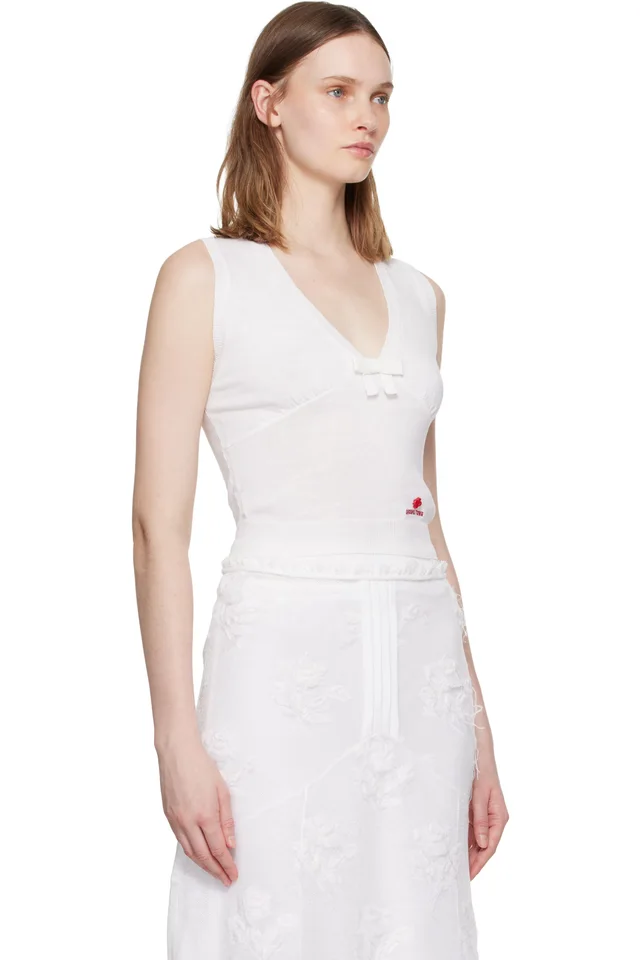 SHUSHU/TONG White Bow Detail V-Neck Knit Tank Top, photo 2 of 4 from SSENSE