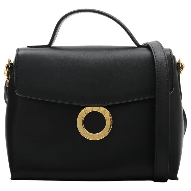 Celine Circle Logo Plate 2-Way Bag Black in Black Leather from VINTAGE QOO TOKYO