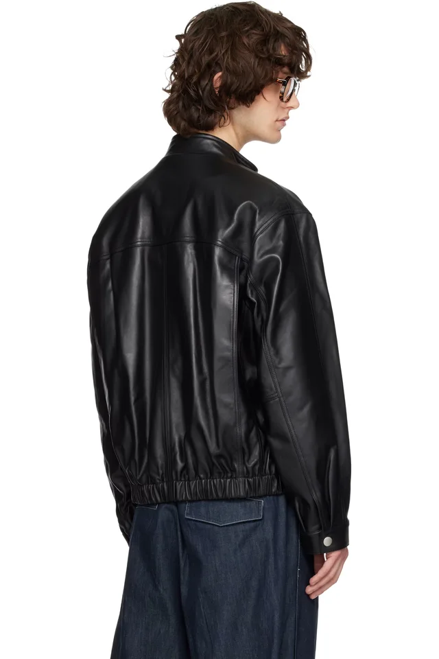 Solid Homme Black High-Neck Two-Pocket Leather Jacket, photo 3 of 4 from SSENSE