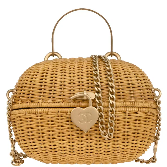Chanel 2005-2006 Beige Rattan Heart Lock Basket Bag 2way Shoulder Handbag in Beige Raffia from AMORE Vintage Tokyo
