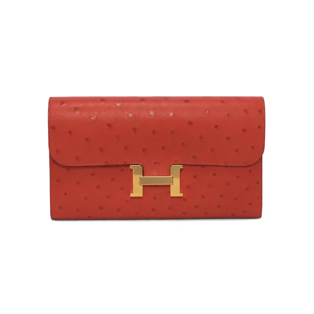 Hermès Constance Long Wallet in Rouge Vif Ostrich from Blue Spinach