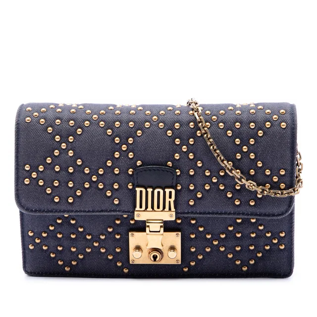 Blue Dior Denim Cannage Studded DiorAddict Wallet on Chain Crossbody Bag in Blue Denim from Designer Revival