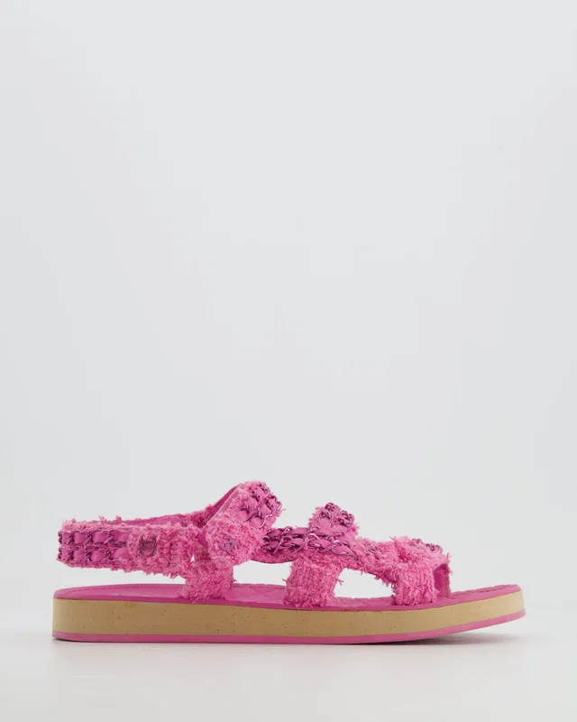 Chanel Pink Tweed Dad Sandals with Pink Chain and CC Logo Details Size 37 in Pink Tweed from Sellier