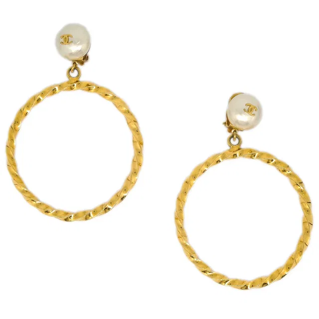 Chanel Hoop Earrings Gold Costume Pearl Clip-On 96A in Gold from AMORE Vintage Tokyo