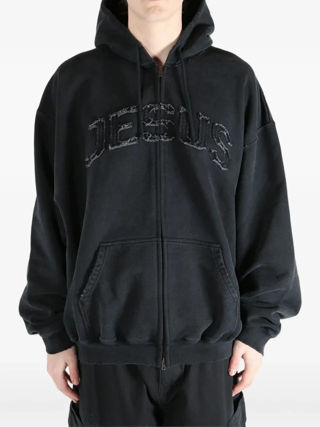 VETEMENTS frayed-appliqué zip-up hoodie, photo 2 of 2 from FARFETCH