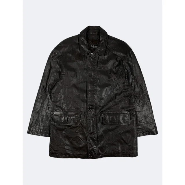 Saint Laurent Leather Car Coat Jacket in black Leather from Grailed
