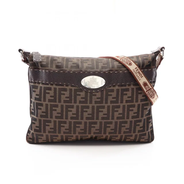 Fendi Shoulder Bag Selleria Zucca Brown Dark Canvas Leather in Brown Canvas from The Reluxe