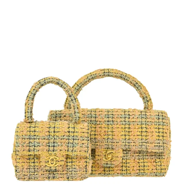 Chanel 1991-1994 Yellow Tweed Classic Single Flap 2 in 1 Hand Bag Set in Yellow Tweed from AMORE Vintage Tokyo