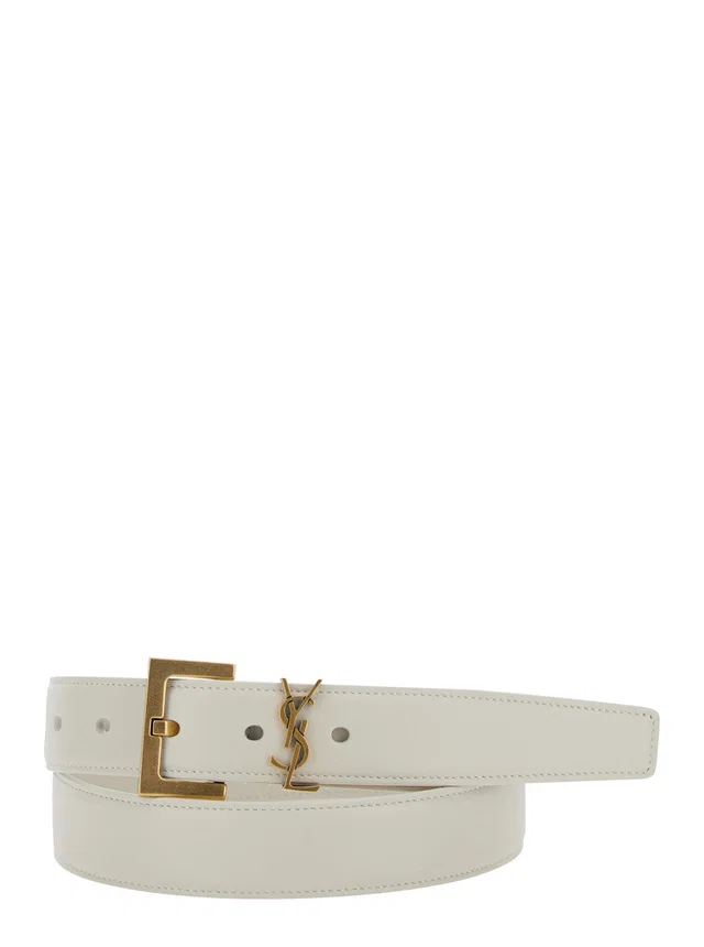 Saint Laurent Logo Plate Belt — White Calf Leather in White Calfskin from HEWI