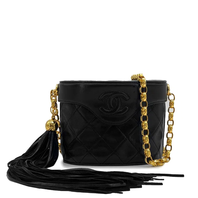 Chanel Vintage Cocomark Fringe Bijou Chain Shuolder Bag Black Lamb Skin Gold Hardware in Black from Luxury Promise