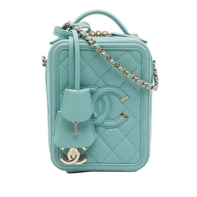 Blue Chanel Caviar CC Filigree Vertical Vanity Case Satchel in Blue Caviar leather from Designer Revival