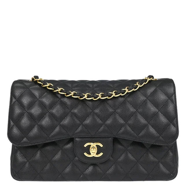 Chanel 2016-2017 Black Caviar Skin Jumbo Classic Double Flap Shoulder Bag in Black Caviar leather from AMORE Vintage Tokyo
