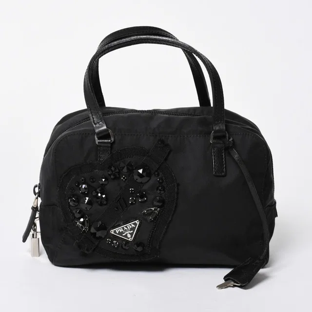 Prada Handbag Evening Heart Triangle Logo Nylon Black Silver in Black Nylon from The Reluxe