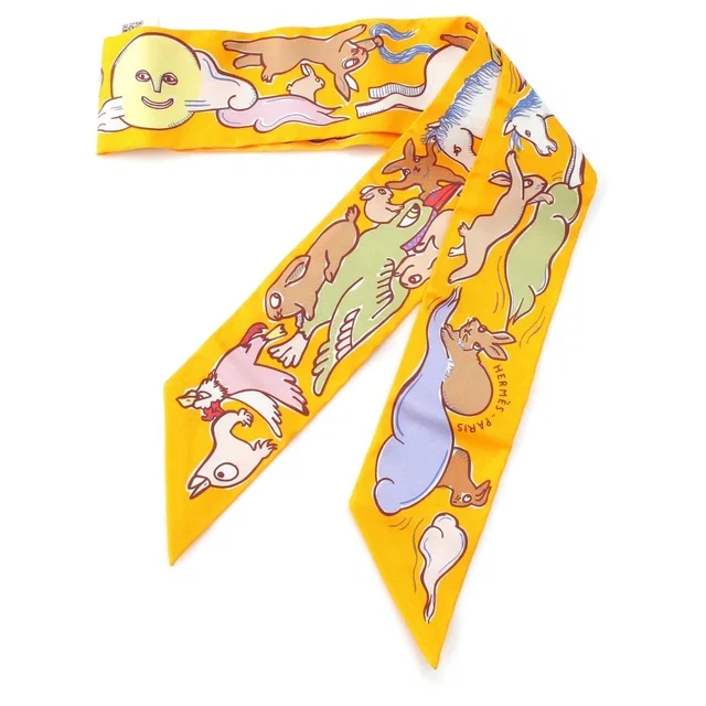 Hermès Twilly Silk Mille Et Un Lapins Thousand and One Rabbit Scarf Yellow in Yellow Silk from The Reluxe