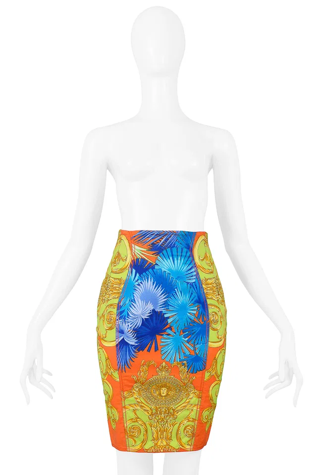 Versace Multicolor Palm Print Cotton Pencil Skirt 1990S in Multicolor from Resurrection Vintage