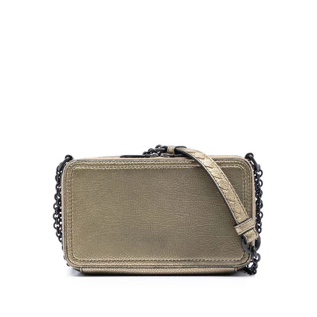 Gold Bottega Veneta Intrecciato Trimmed Metallic Leather Double Zip Shoulder Bag in Gold Woven leather from Designer Revival