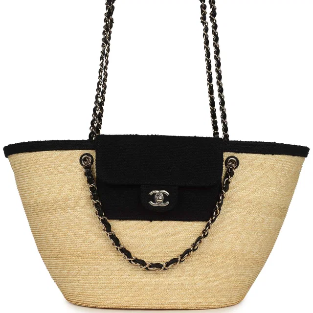 Chanel Large "Coco Vibe" Shopping Tote Bag Beige Raffia and Black Tweed Light Gold Hardware in Black Raffia from Madison Avenue Couture