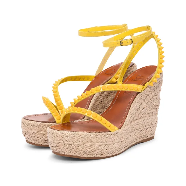 Christian Louboutin Mafaldina Zeppa Studded Wedges in Yellow Raffia from Blue Spinach
