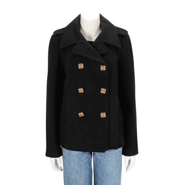 Chanel Melton Gripoix Button Pea Coat FR 40 in Black Wool from Blue Spinach
