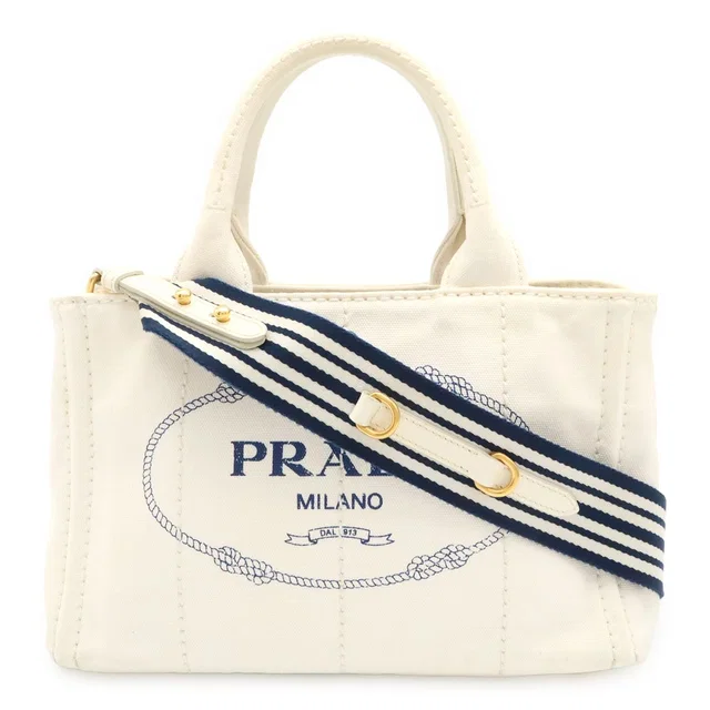 Prada Canapa Tote 2-Way Shoulder Bag Striped Canvas White Navy Gold in White Canvas from The Reluxe