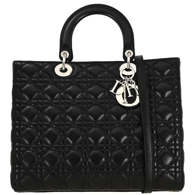 Black Lambskin Large Lady Dior Cannage 2way Shoulder Handbag in Black Lambskin from AMORE Vintage Tokyo