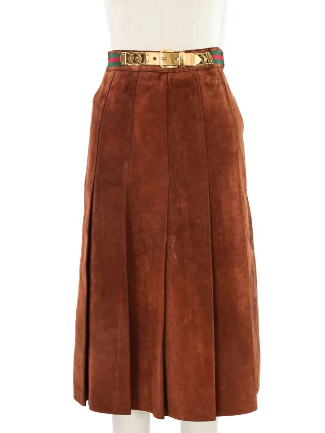 Gucci Pleated Cinnamon Suede Skirt in Suede from Arcade Vintage