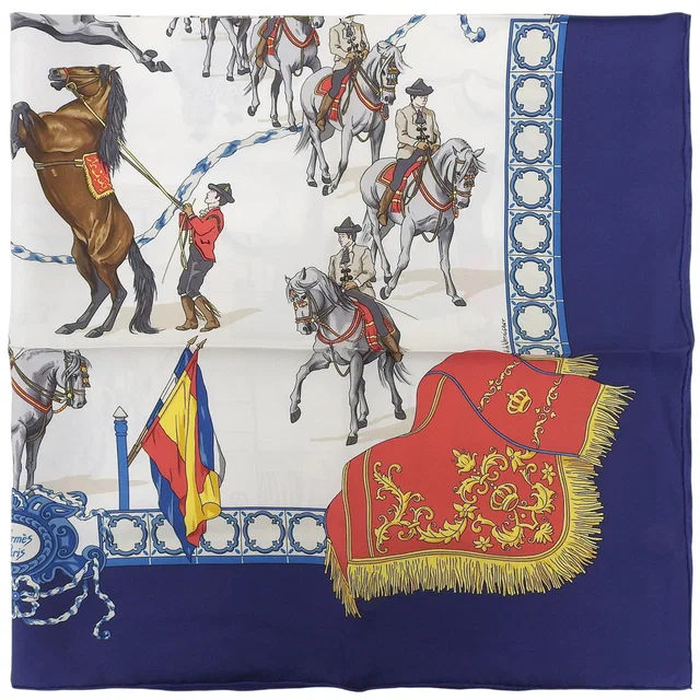 Hermès Carré 90 Real Escuela Andaluza del Arte Ecuestre Scarf Blue/White in White Silk from VINTAGE QOO TOKYO