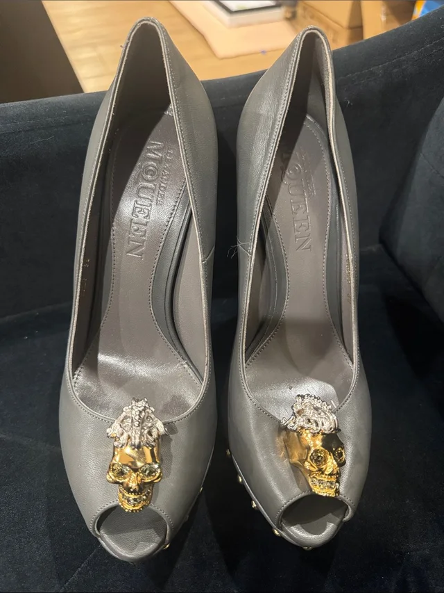 Alexander McQueen Gray Leather Peep-Toe Pumps With Gold Skull Accents in gold|gray Leather from Poshmark