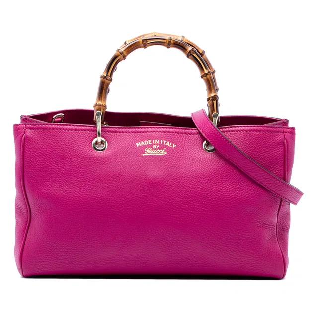 Pink Gucci Medium Calfskin Bamboo Shopper Satchel in Pink Calfskin from Designer Revival