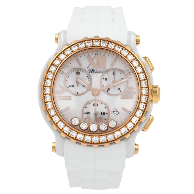 Chopard Happy Sport Chrono Chronograph Quartz Diamond White Dial Ladies Watch 288515 in white|gold|pink Ceramic from Jomashop.com