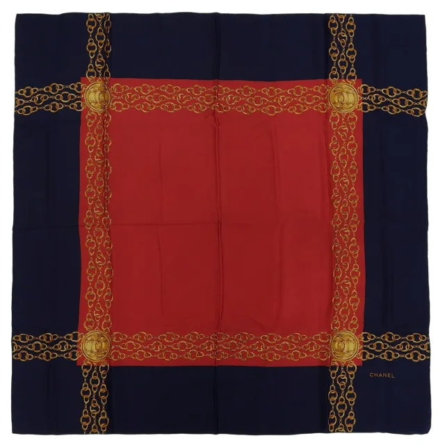 Chanel CC Mark Chain Pattern Scarf Red/Navy/Multi in Red Silk from VINTAGE QOO TOKYO, photo 9 of 10