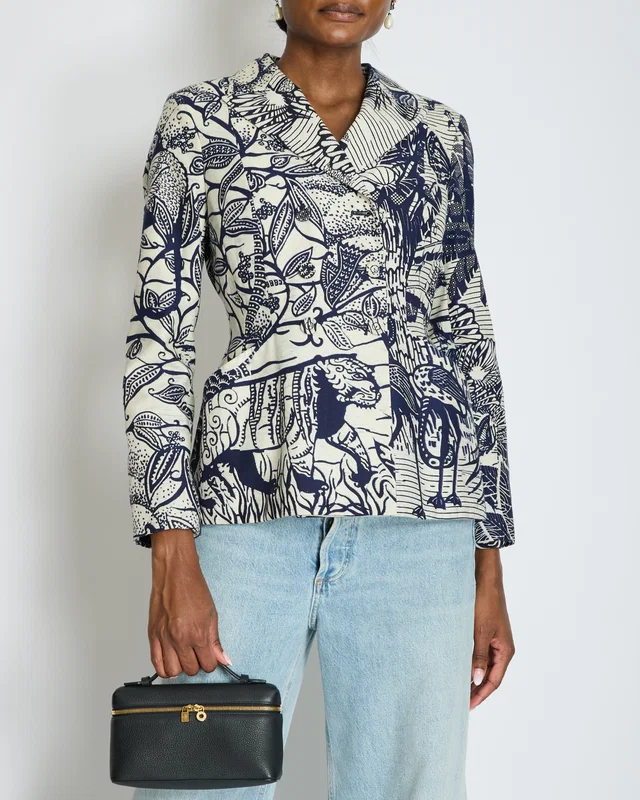 Dior Cruise 2020 Cream and Blue Botanical Printed Button Down Bar Jacket Size FR 38 (UK 10) in White from Sellier