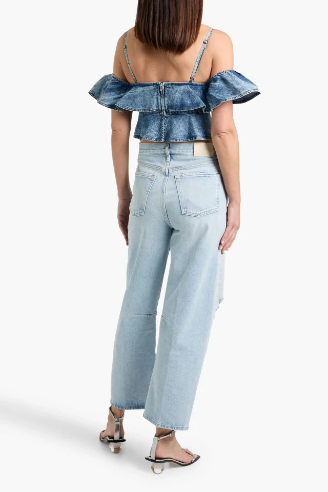 Marant Étoile Voloteo Cropped Cold-Shoulder Denim Top in Mid denim, photo 3 of 4 from THE OUTNET