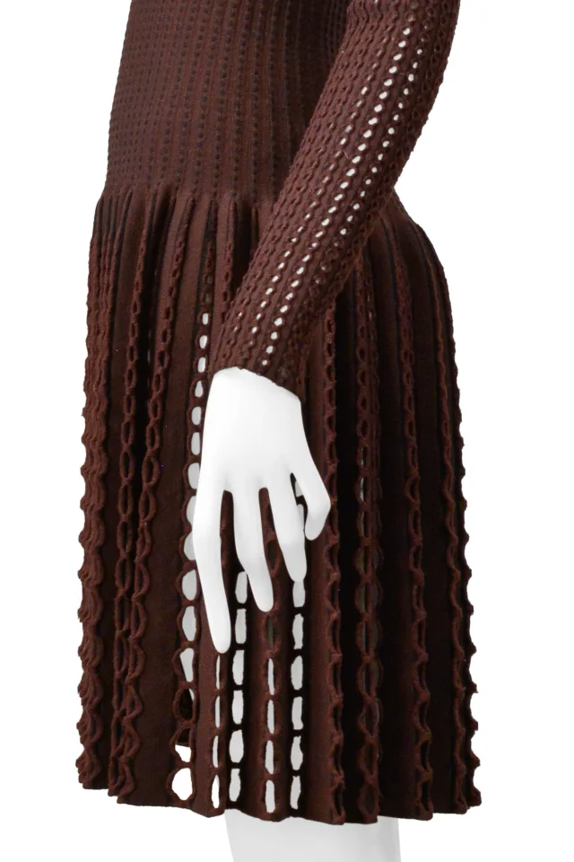 Alaïa Brown Laser Cut Fancy Knit Dress in Brown Wool from Resurrection Vintage, photo 5 of 12