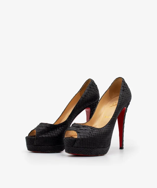 Christian Louboutin Python Leather Peep Toe Heels in Python from Luxury Promise