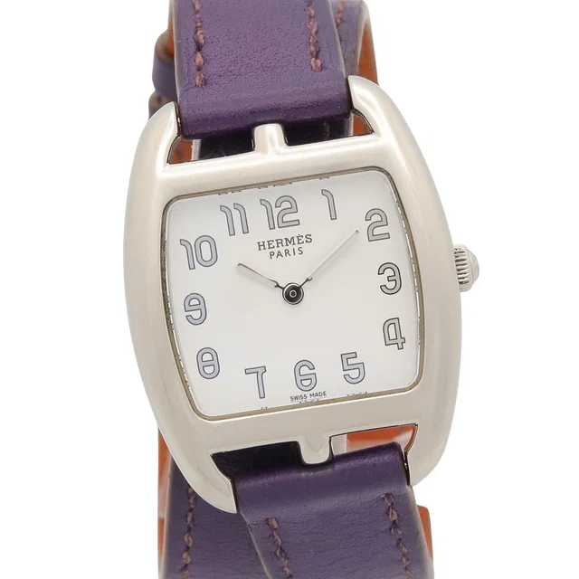 Hermès Watch Capecod Tonneau Double Tour White Stainless Steel Leather Strap in White Leather from The Reluxe