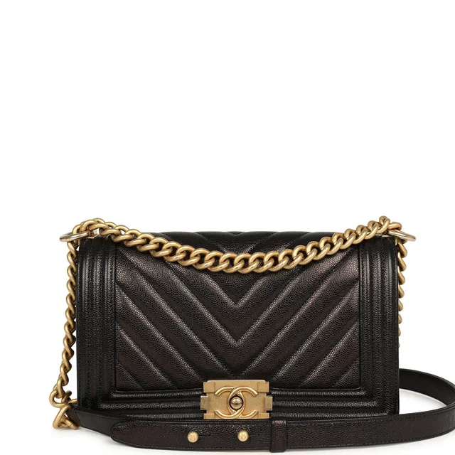 Chanel Medium Chevron Boy Bag Black Caviar Antique Gold Hardware in Black Caviar leather from Madison Avenue Couture
