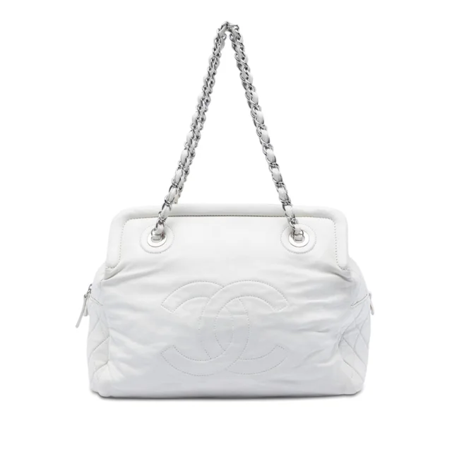 White Chanel CC Lambskin Frame Tote in White Lambskin from Designer Revival