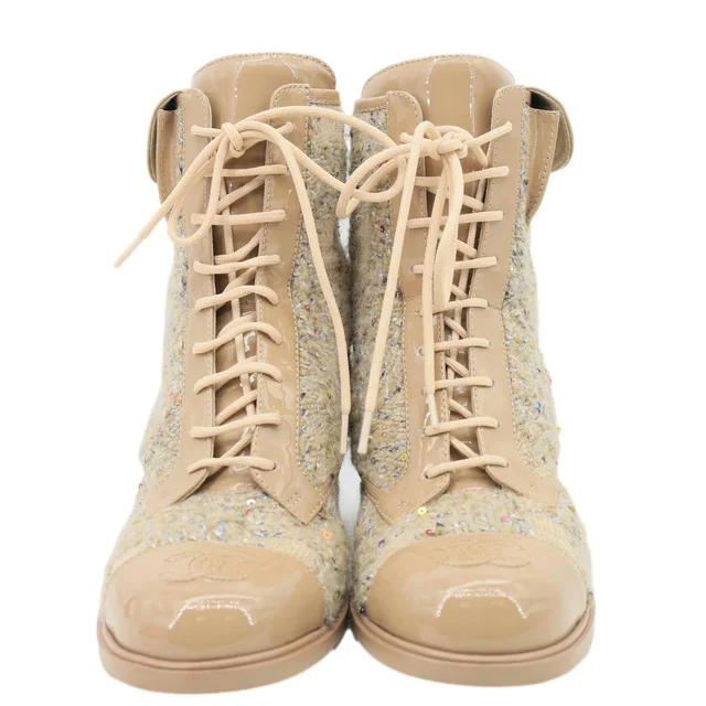 Chanel Tweed Patent Leather Combat Boots Tan Size 37.5 in Brown Patent leather from Dallas Designer Handbags