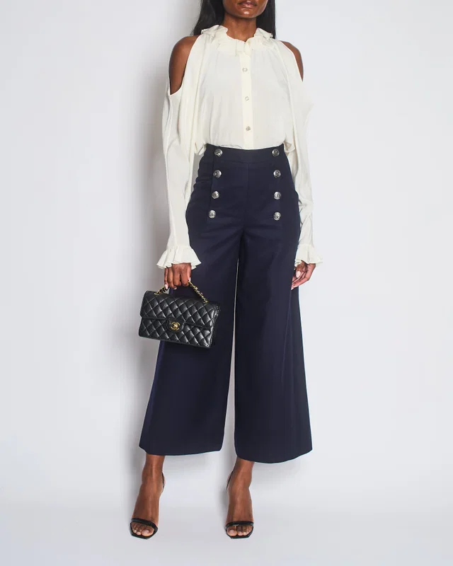 Chanel Navy Wool High Waisted Culottes with Button Detail Size FR 34 (UK 6) in Navy Wool from Sellier