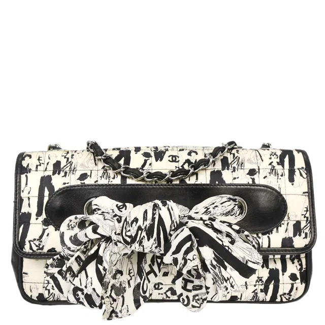 Chanel 2003-2004 Black White Silk Lambskin Choco Bar Shoulder Bag in Black Lambskin from AMORE Vintage Tokyo