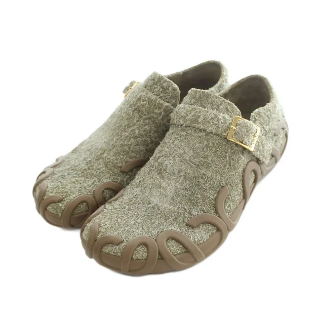 Loewe Rise Buckle Slip on Suede Khaki Brown Slippers in Brown Suede from The Reluxe