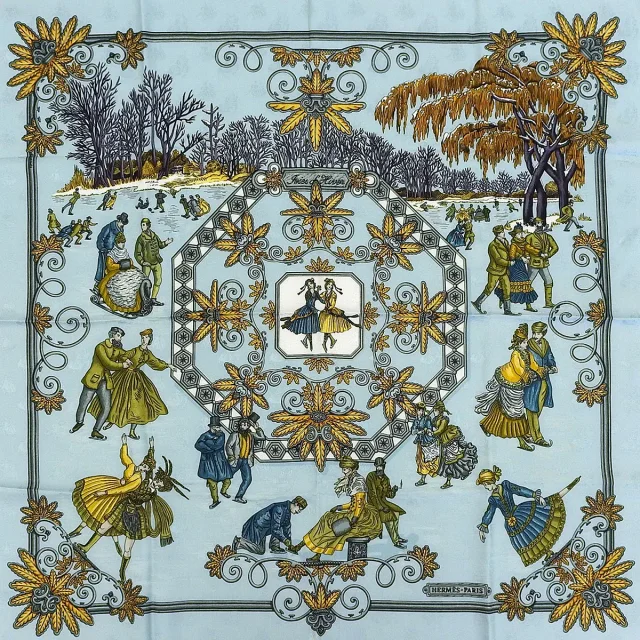 Hermès Carré 90 Les Joies d'Hiver Pattern Scarf Light Blue/Multi in Blue Silk from VINTAGE QOO TOKYO, photo 6 of 9