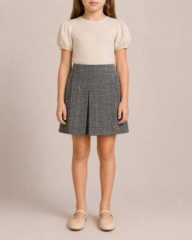 Dolce & Gabbana Kids Black and White Houndstooth Mini Wool Skirt with Logo Size 8 years in Black Wool from Sellier