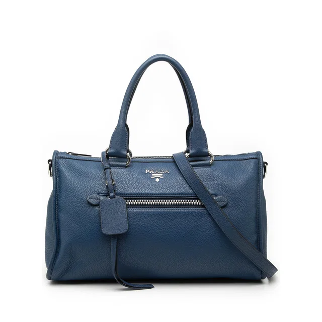Blue Prada Vitello Phenix Zip Top Satchel in Blue Leather from Designer Revival